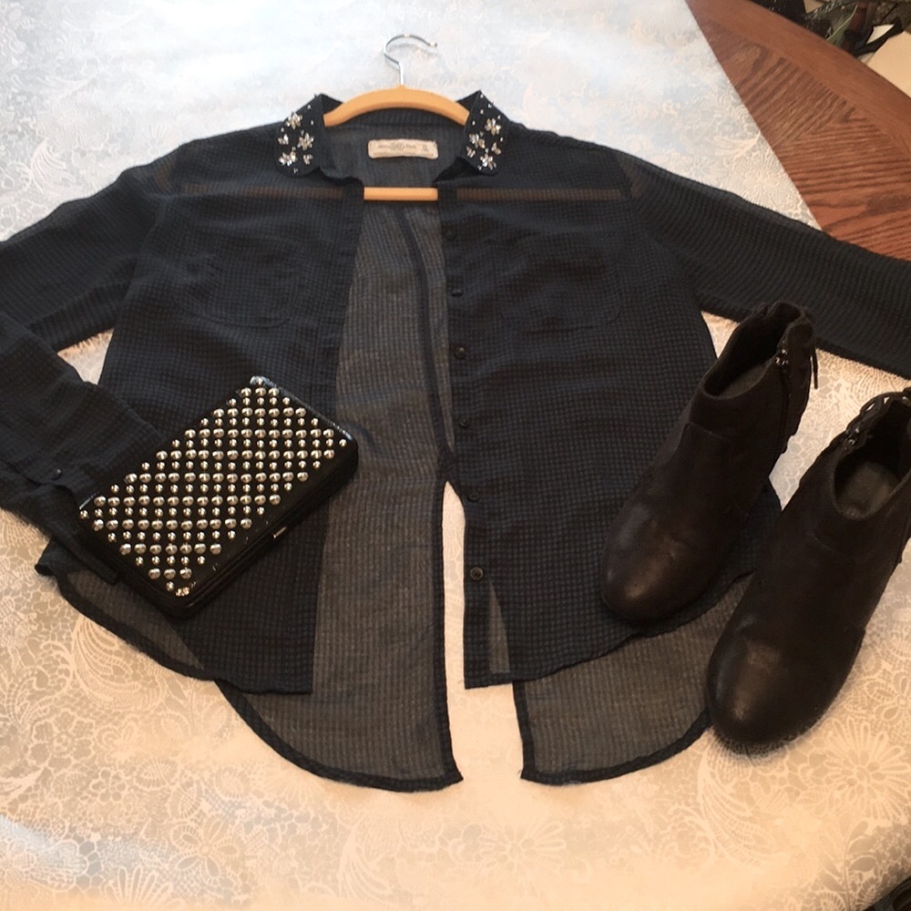 plaid sheer blouse w rhinestone dark blue